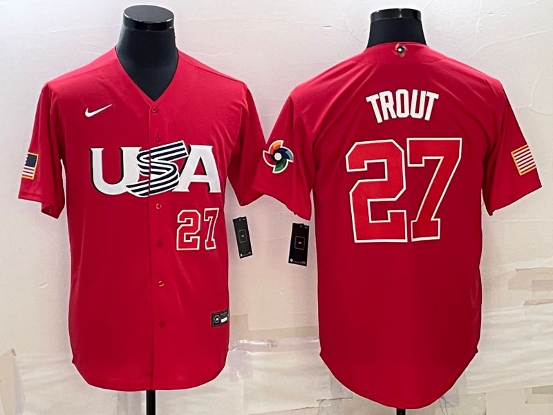 Men 2023 World Cub USA #27 Trout Red Nike MLB Jersey